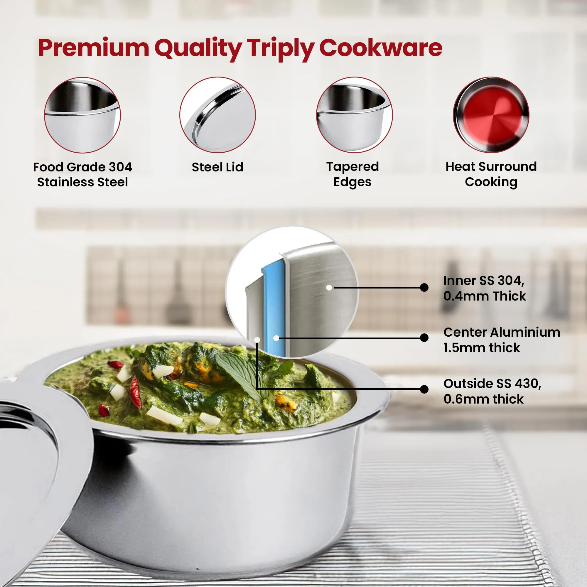 Kuber Industries 2.1L Stainless Steel Tope Set/Vessels for Cooking with Lid | Induction Safe Heavy Duty Gauge Boiling & Cooking Patila/Topiya/Bhagona Steel Utensils for Kitchen | Silver