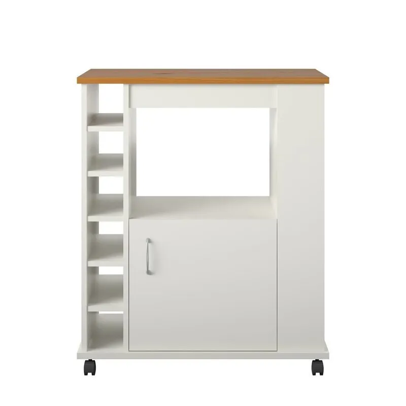 White Natural Kitchen Cart with Locking Wheels Open Shelf and Bottom Cabinet Kitchen Cart Provides the Extra Room you Need